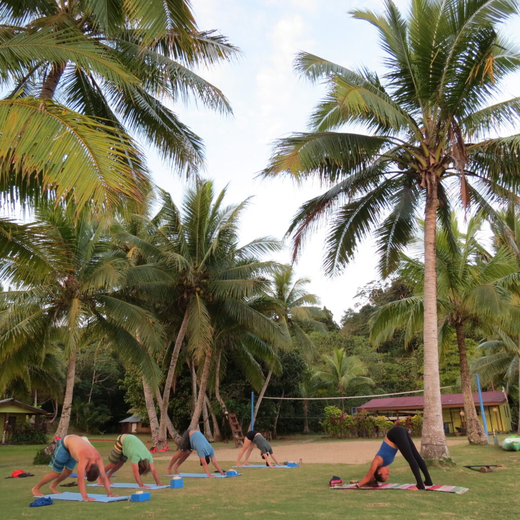 Yoga on the lawn at Waidroka Bay Resort
