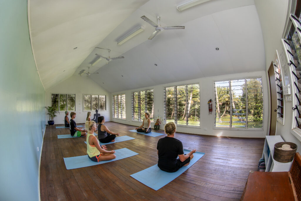 Yoga class in the studio at Waidroka Bay Resort