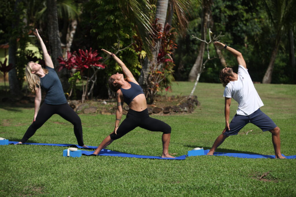 Three people doing Yoga poses on the lawn at Waidroka Bay Resort