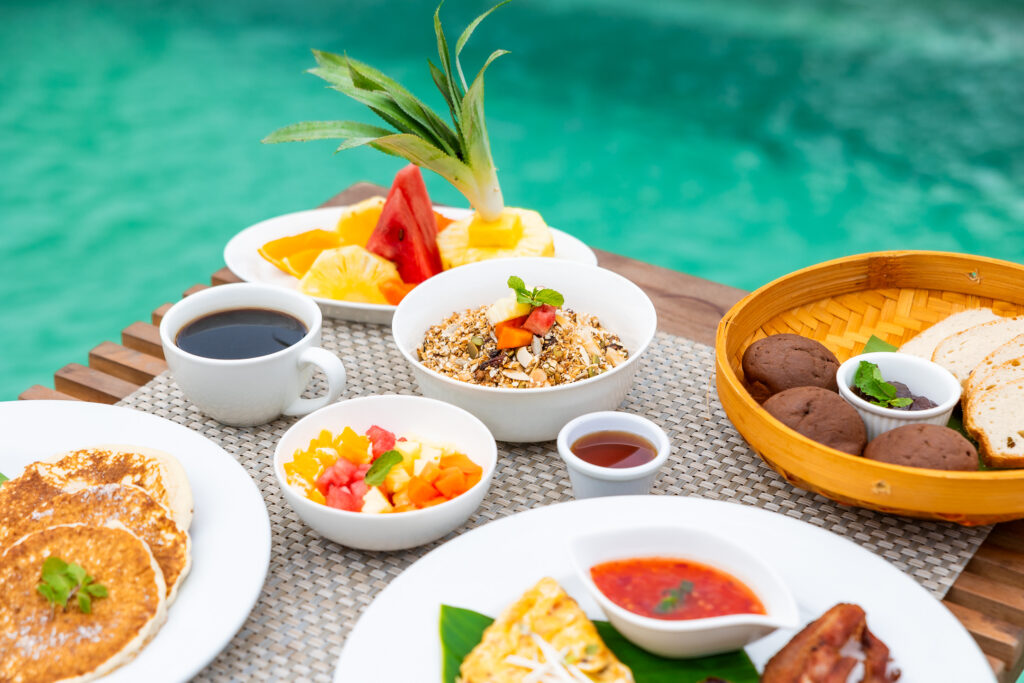 Healthy breakfast by the pool