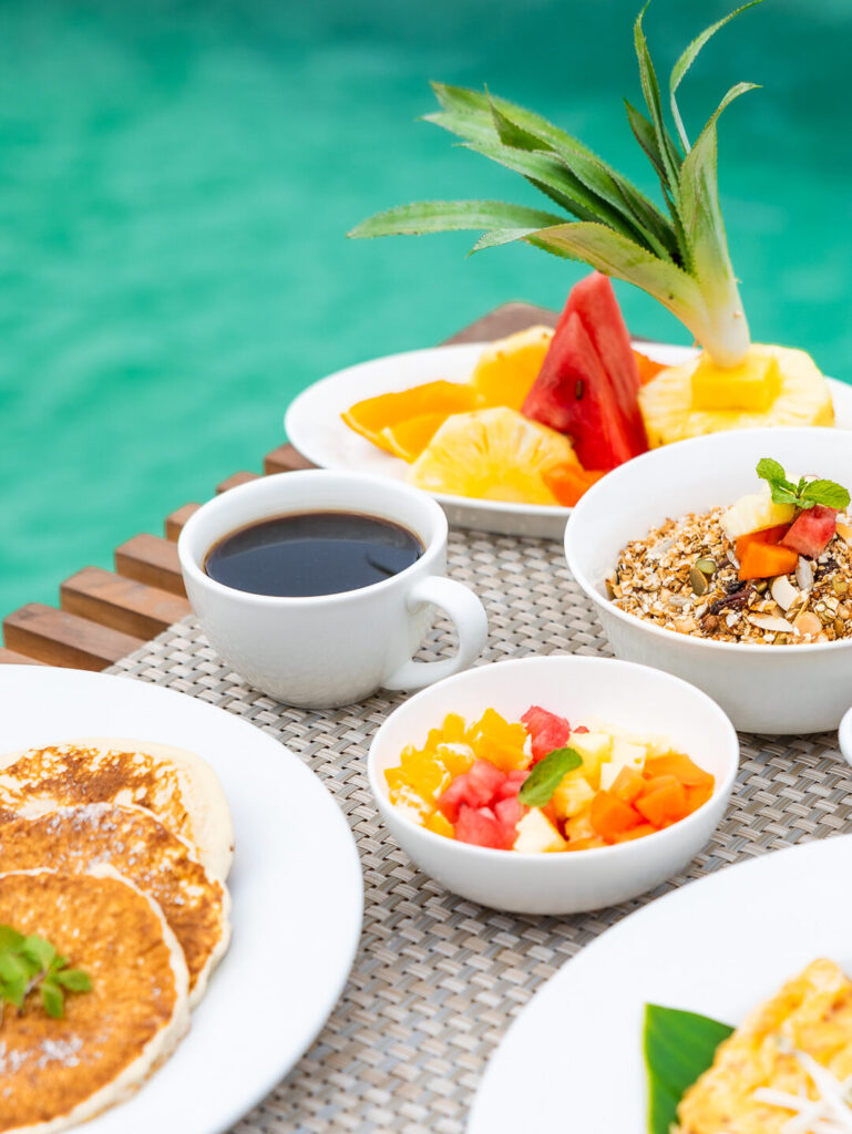 Healthy breakfast by the pool